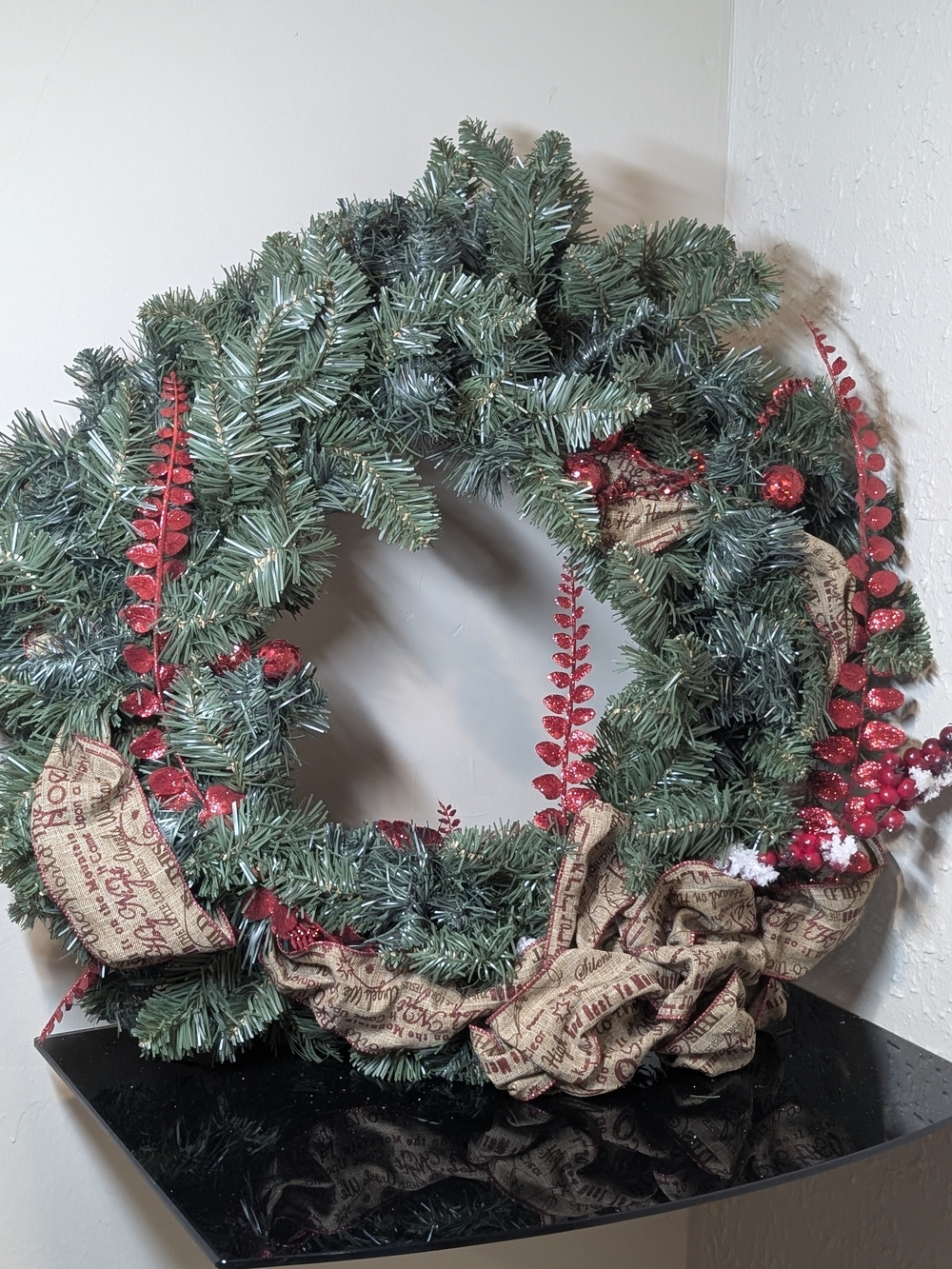 Festive Green and Red Holiday Wreath with Burlap Ribbon